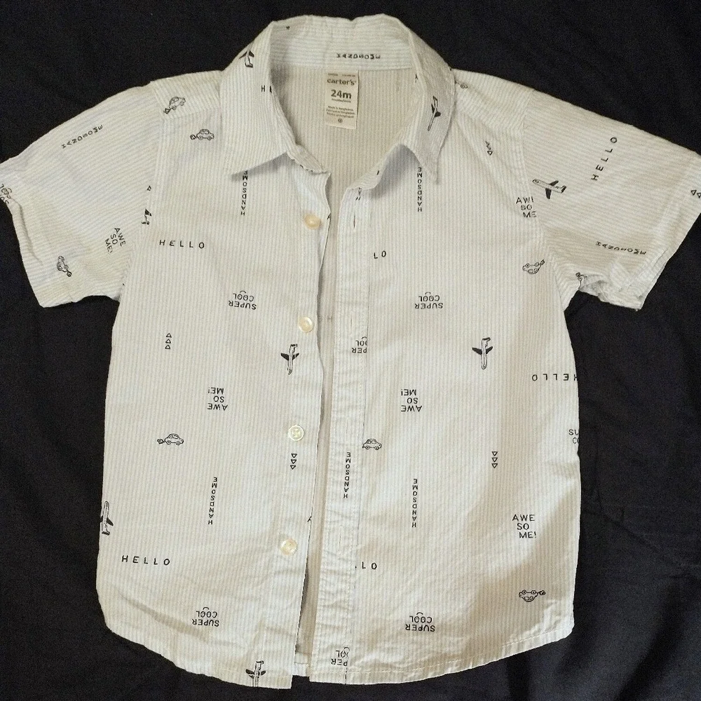 Carters Toddler Boys 24M Blue White Pinstripe Airplane Car Button Down Shirt